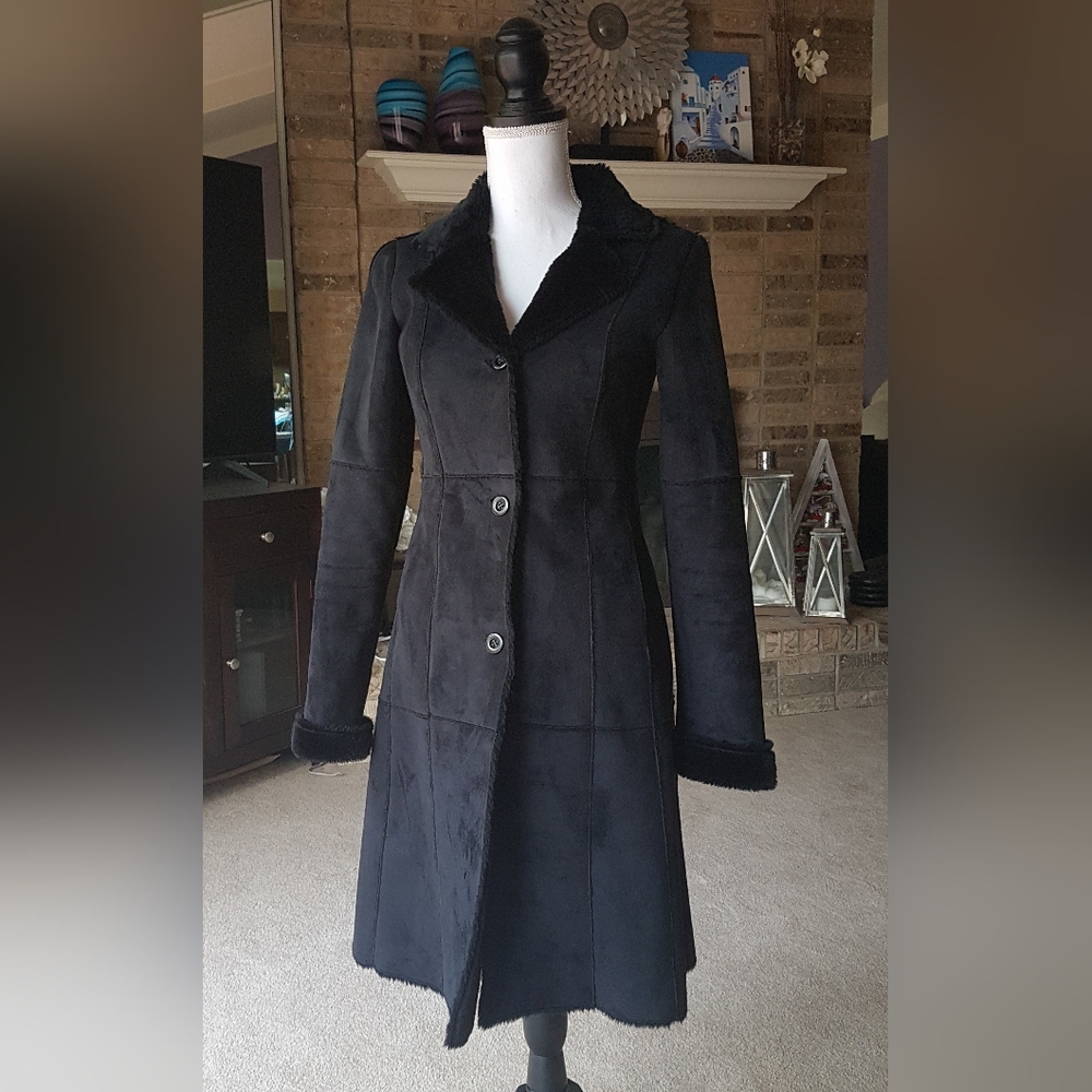 Black Faux Suede Faux Fur Shearling Coat from Italy - Picture 8 of 14